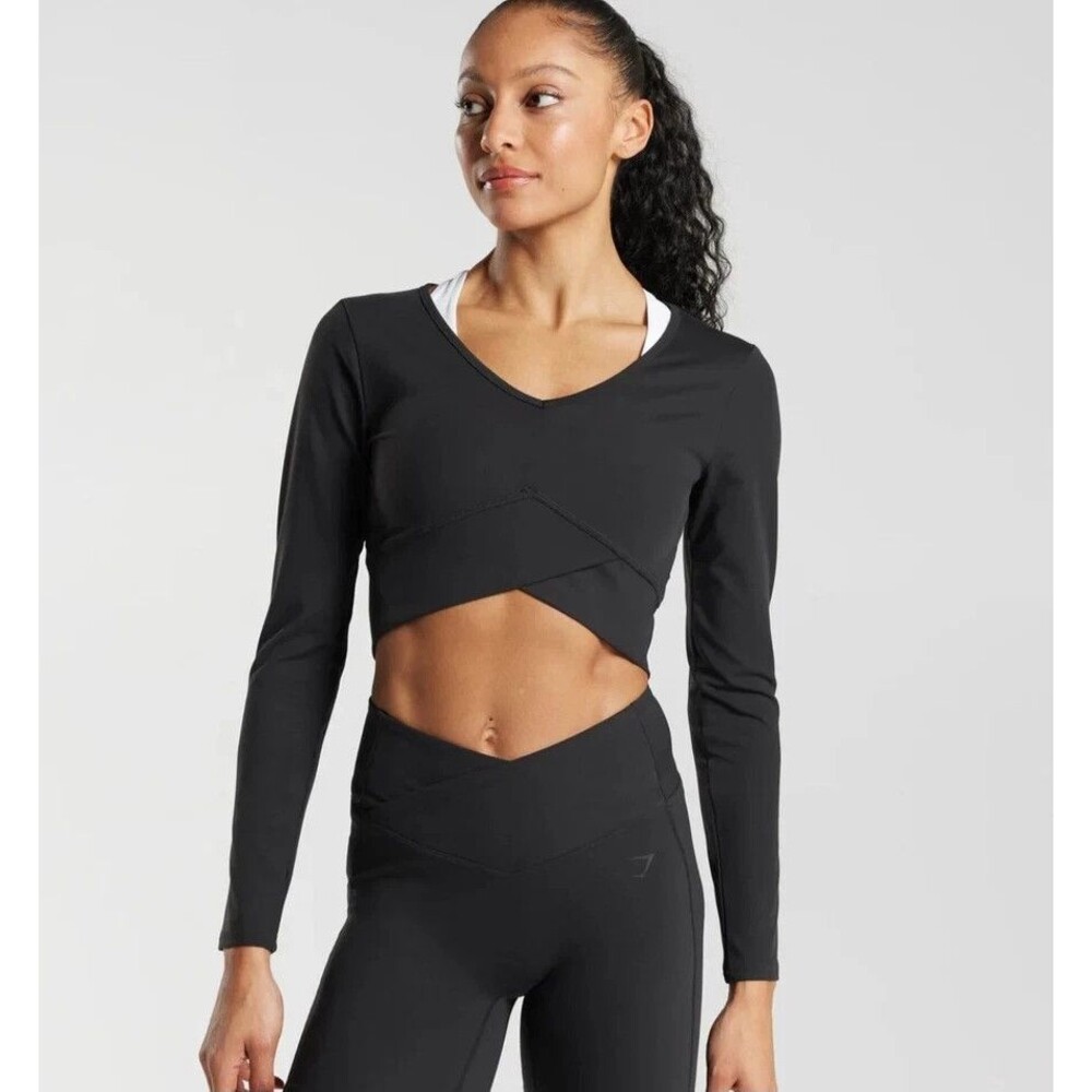 Gymshark Black Crossover Crop Top Activewear Women's Size small long sleeve - Picture 11 of 11